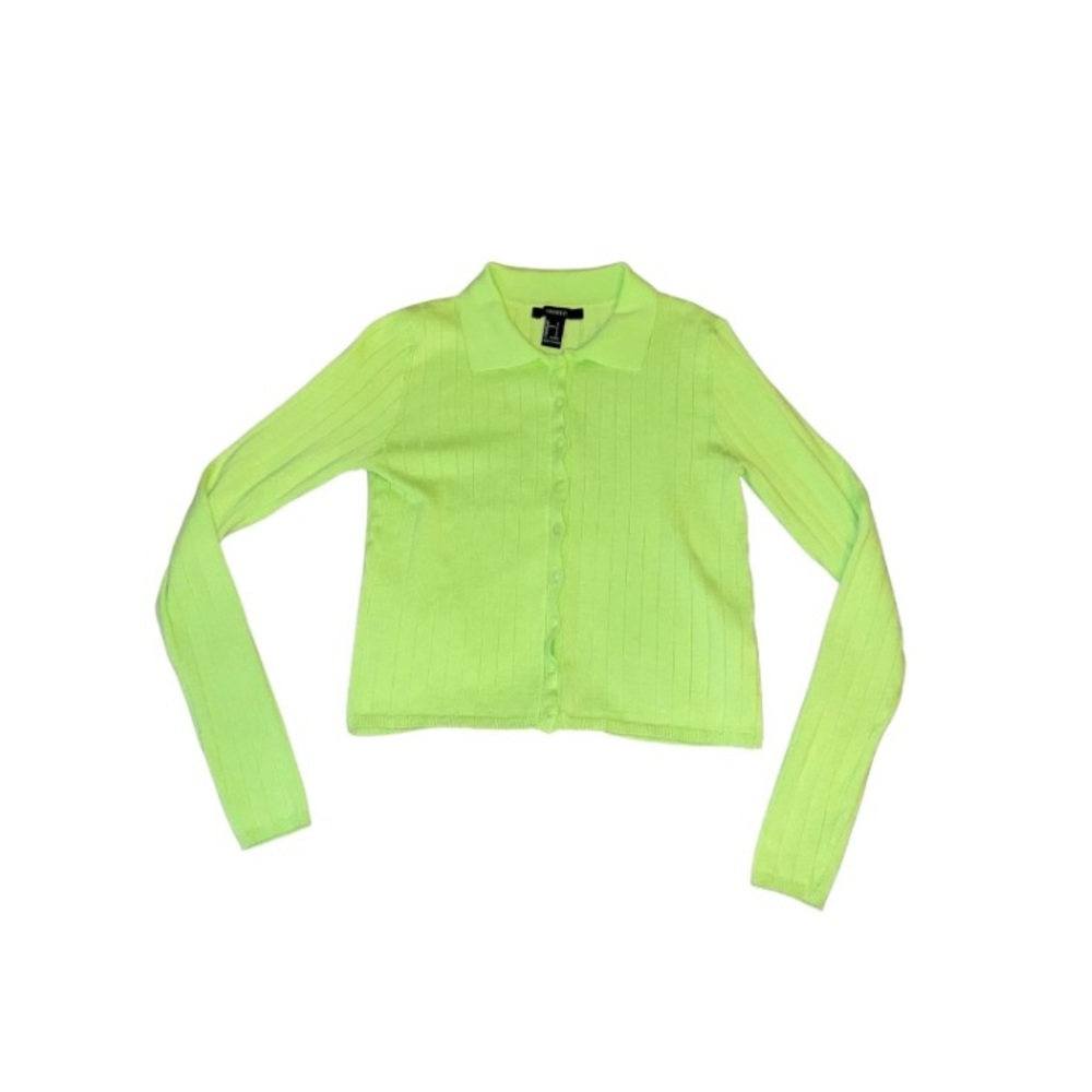 Forever 21 Ribbed Knit Lime Green Cardigan with Collar